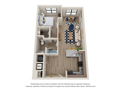 Floor plan for 1 bed, 1 bath, 749 sqft